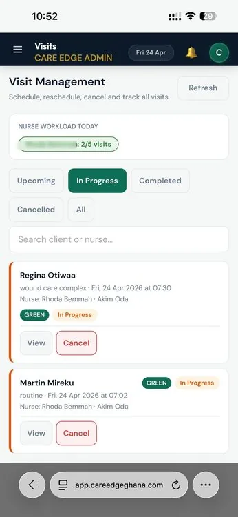 CareEdge visit management — live GPS tracking, nurse workload, in-progress visit status